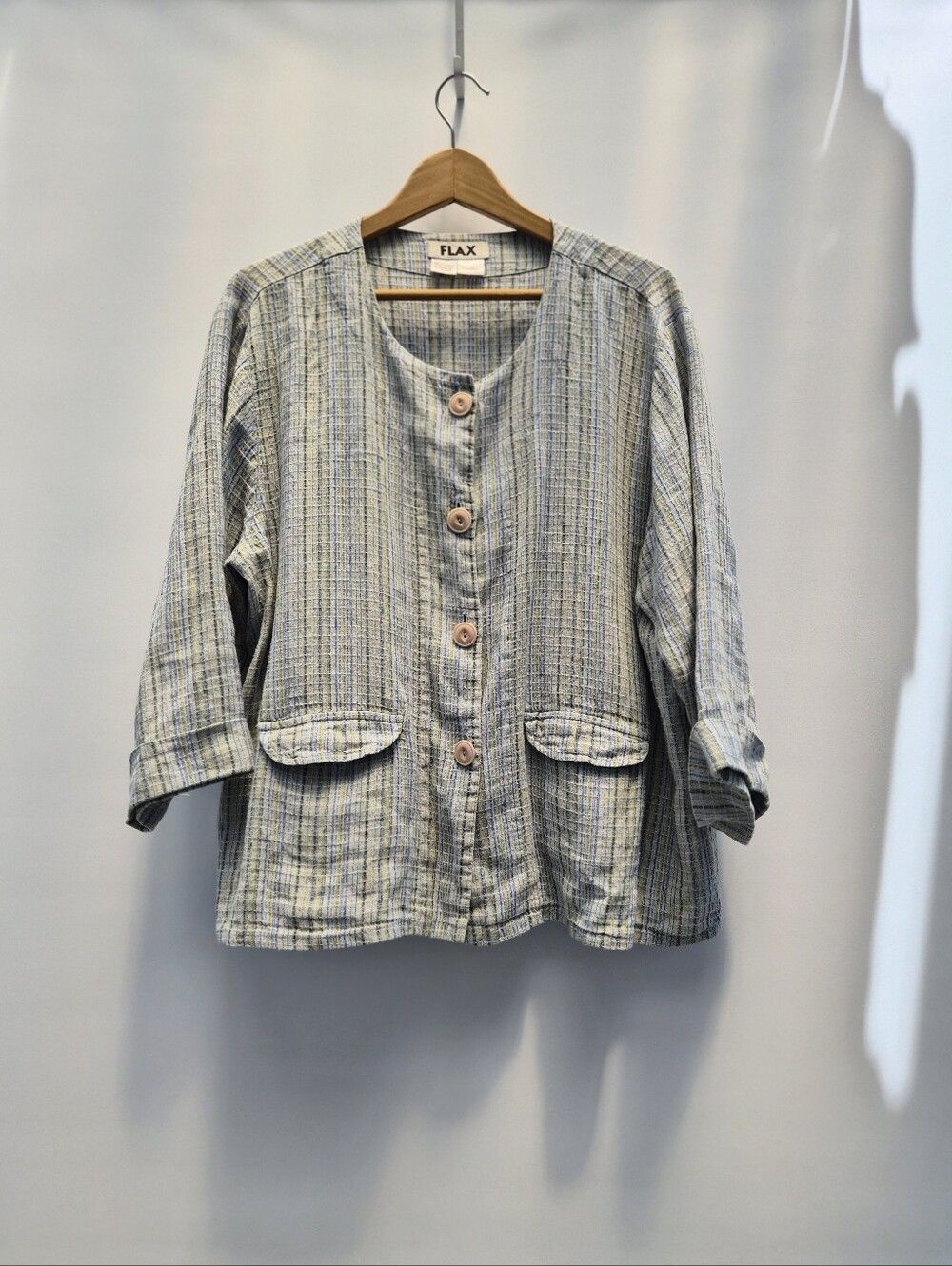 FLAX Blue Linen Shirt Jacket Large Blue Stripe Boxy Lagenlook Mori Kei Slouchy